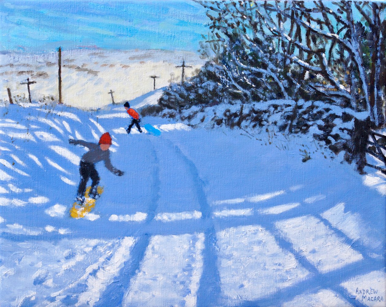 Snowboardkjøreren, Dove Head, Derbyshire, olje på lerret) 2021 av Andrew Macara