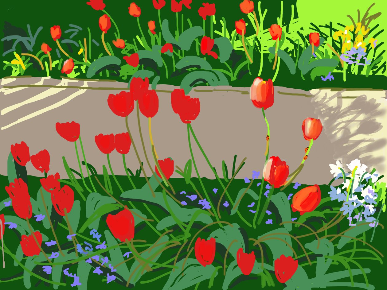Tulipaner og marihøner, 2017, (iPad-maleri) av Andrew Macara
