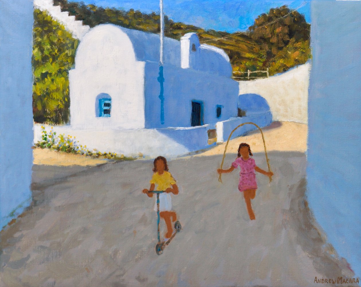 To jenter, Klima, Milos, 2022 (olje på lerret) av Andrew Macara