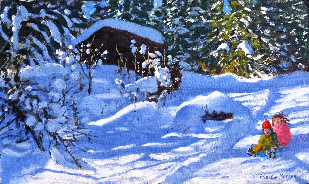 To på en slede, The Orchard, Morzine, (olje på lerret) av Andrew Macara