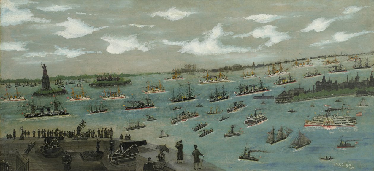 Gjennomgang av USAs flåte i New York Harbor med Frihetsgudinnen, 1893 av Andrew Meyer