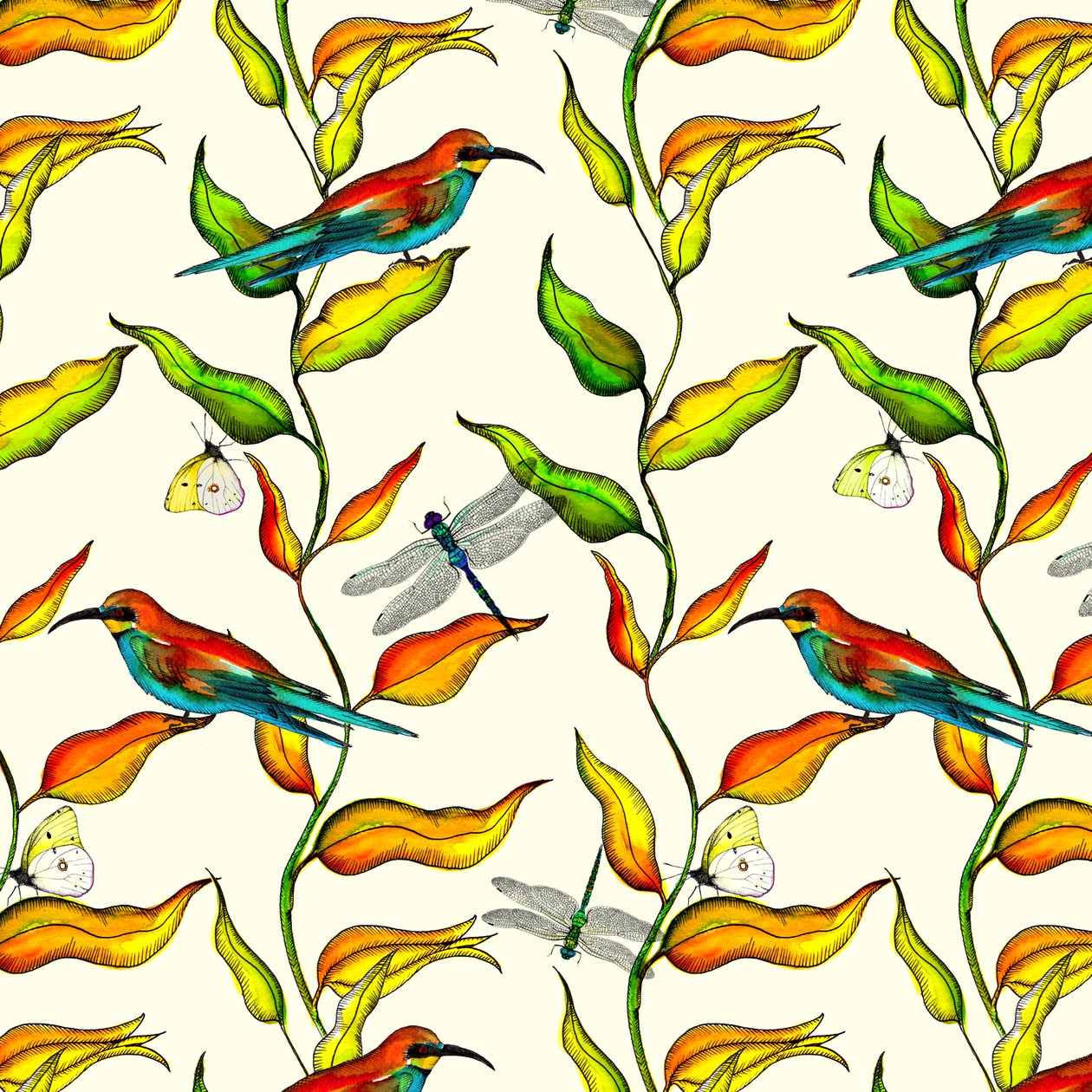 Bee Eaters, 2017, akvarell og blekk av Andrew Watson