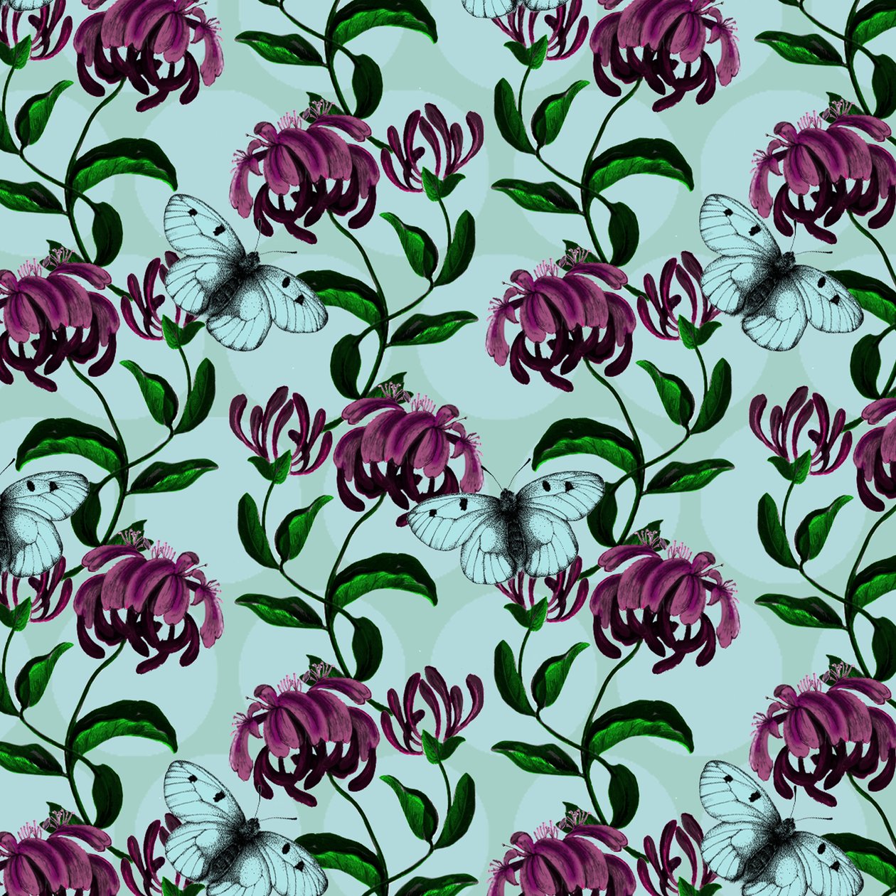 Honeysuckle with Clouded Apollo Butterfly, 2017, blekk og digital av Andrew Watson