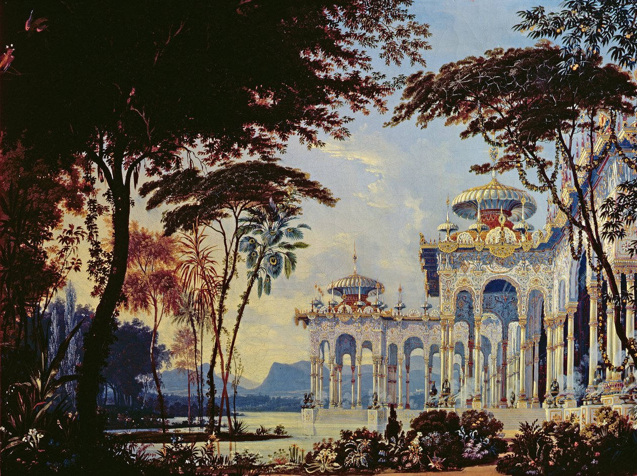 Scenedesign for 'Ruslan og Lyudmila' av Glinka, 1842 (wc und gouache på papir) av Andrey Adamovich Roller