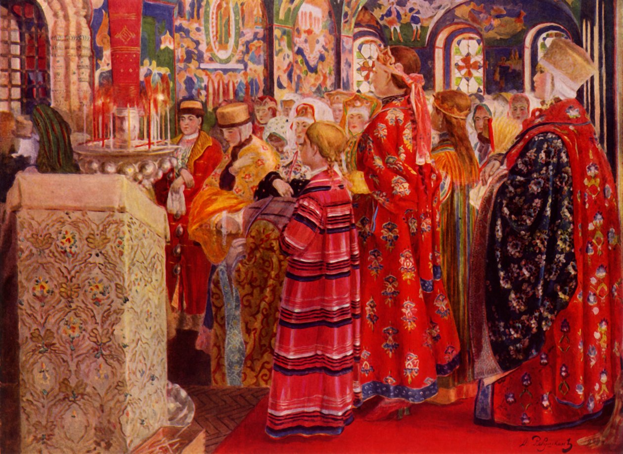 'Russiske kvinner fra det 17. århundre i kirken', 1899, 1965. av Andrey Ryabushkin