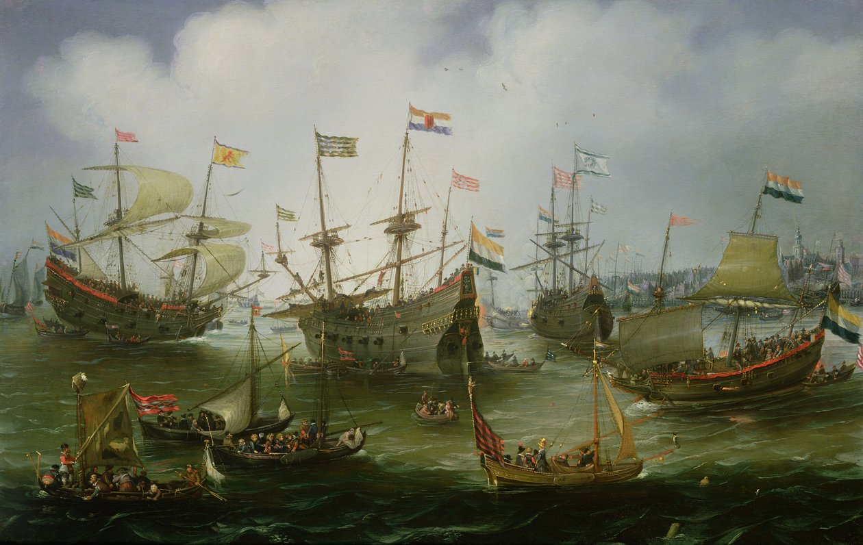 Returen til Amsterdam av den andre ekspedisjonen til Øst-India 19. juli 1599 (olje på kobber) av Andries van Eertvelt