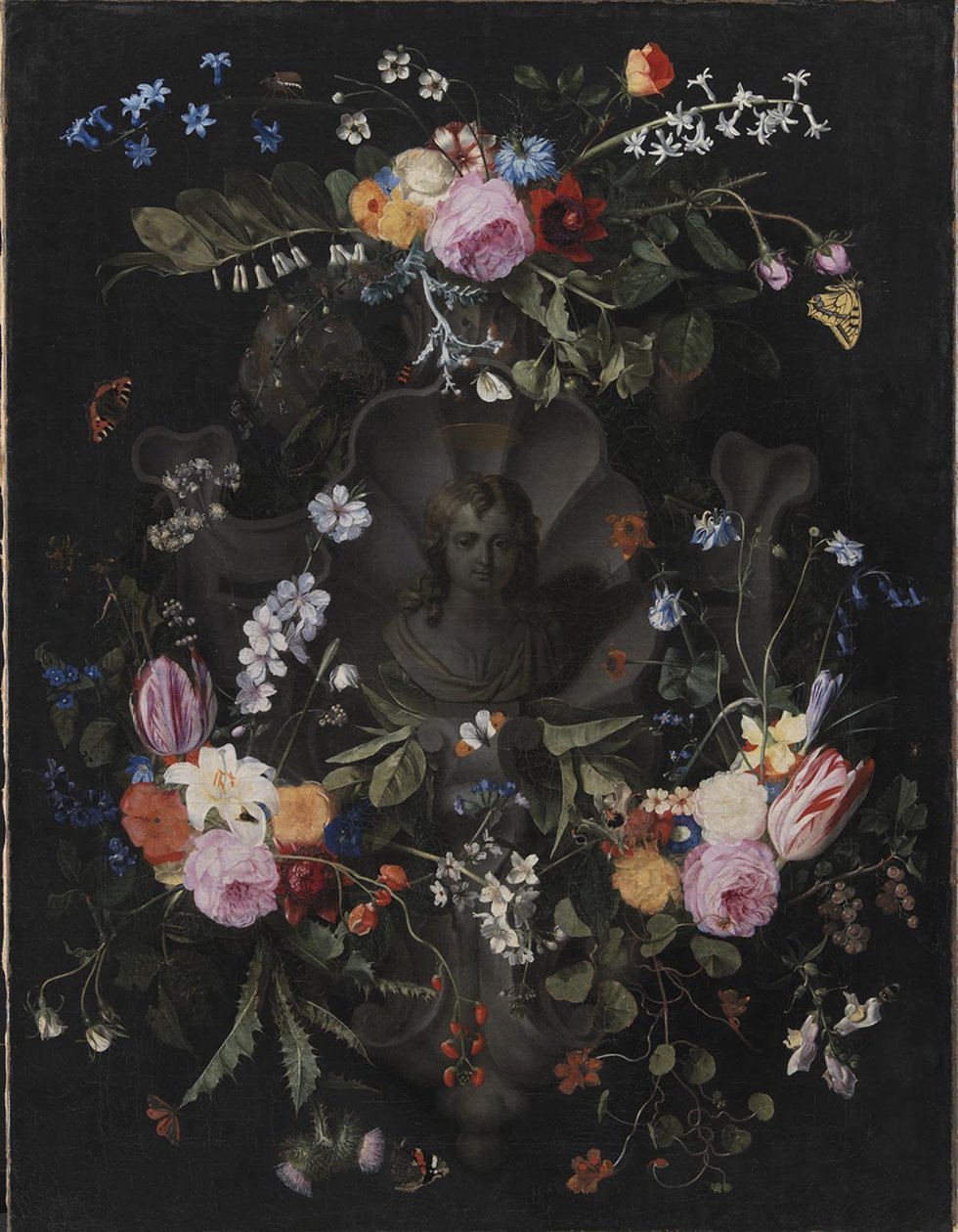 Cartouche med byste av Kristus omgitt av en krans av blomster av Andries Bosman