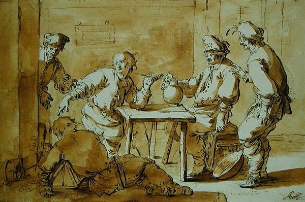 In the Bar, 1633 (penn- og blekkvask på papir) av Andries Both