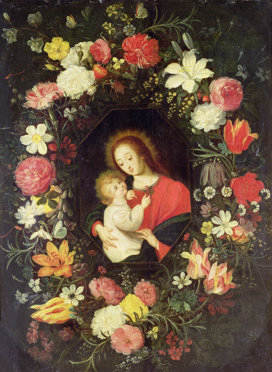 Jomfruen og barnet i en krans omringet av blomster av Andries Daneels