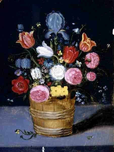 Stilleben av blomster i en trebalje (olje på panel) av Andries Daniels or Danielsz