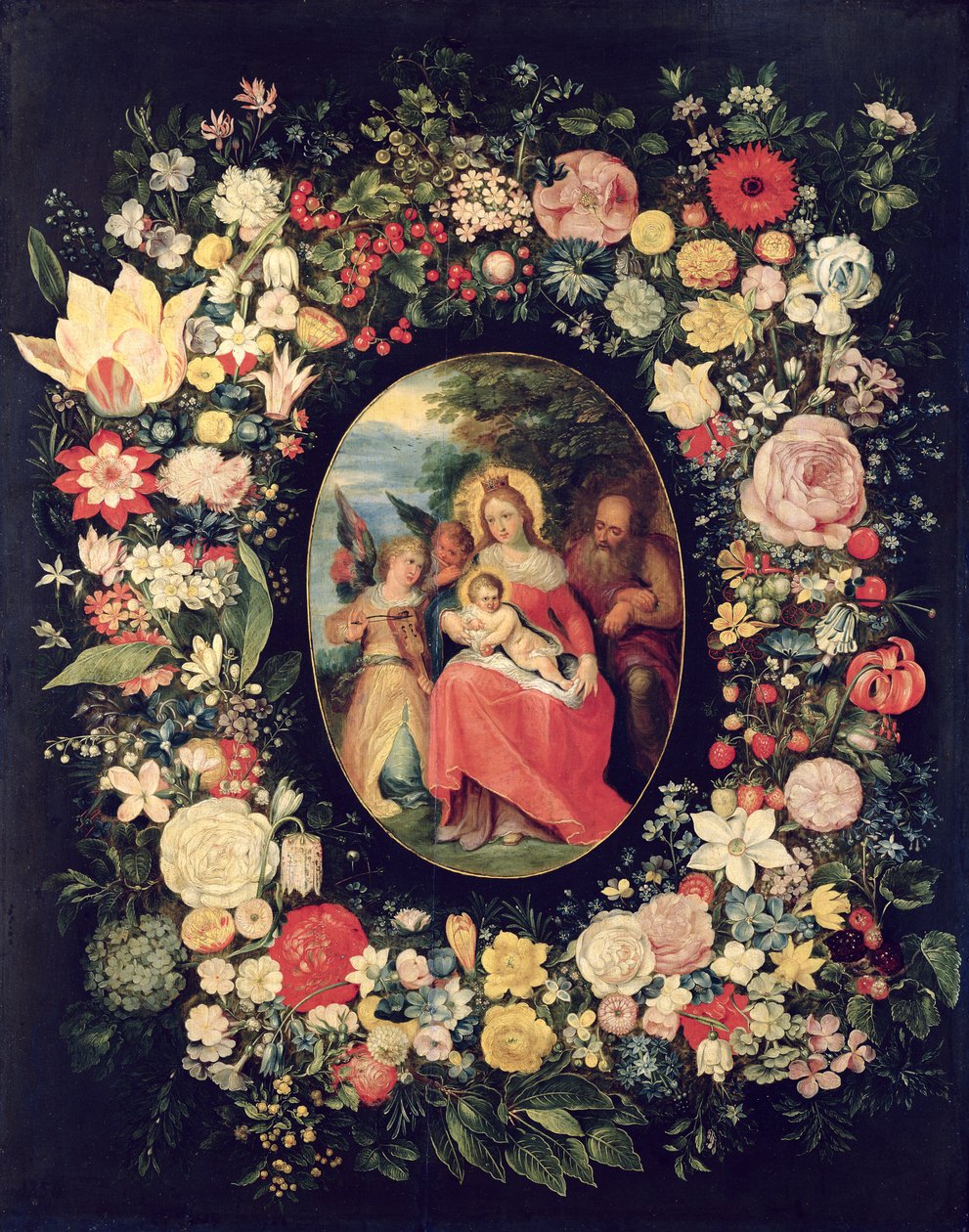 Den hellige familie innrammet av en krans av blomster, av Andries Daniels or Danielsz