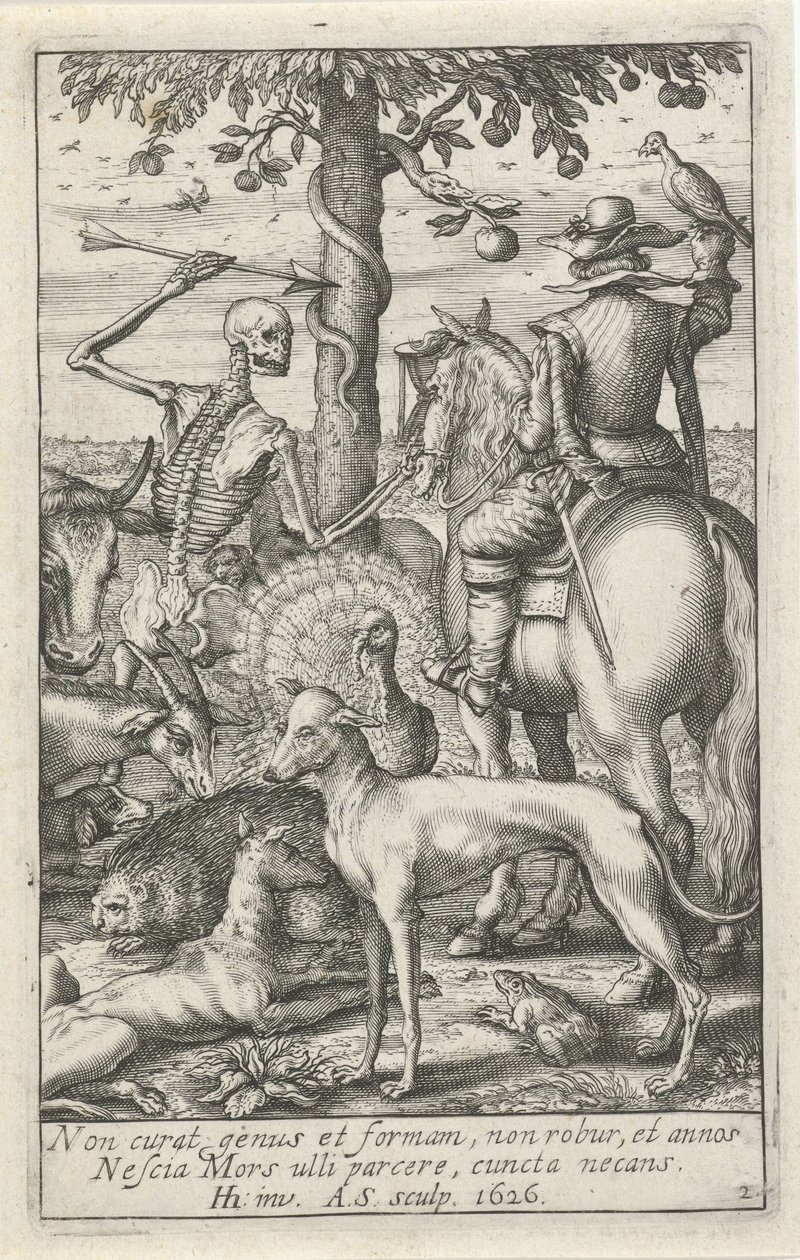 Skjelett med pil og falkoner, midt blant dyr Animal Skeletons (serietittel) av Andries Jacobsz. Stock