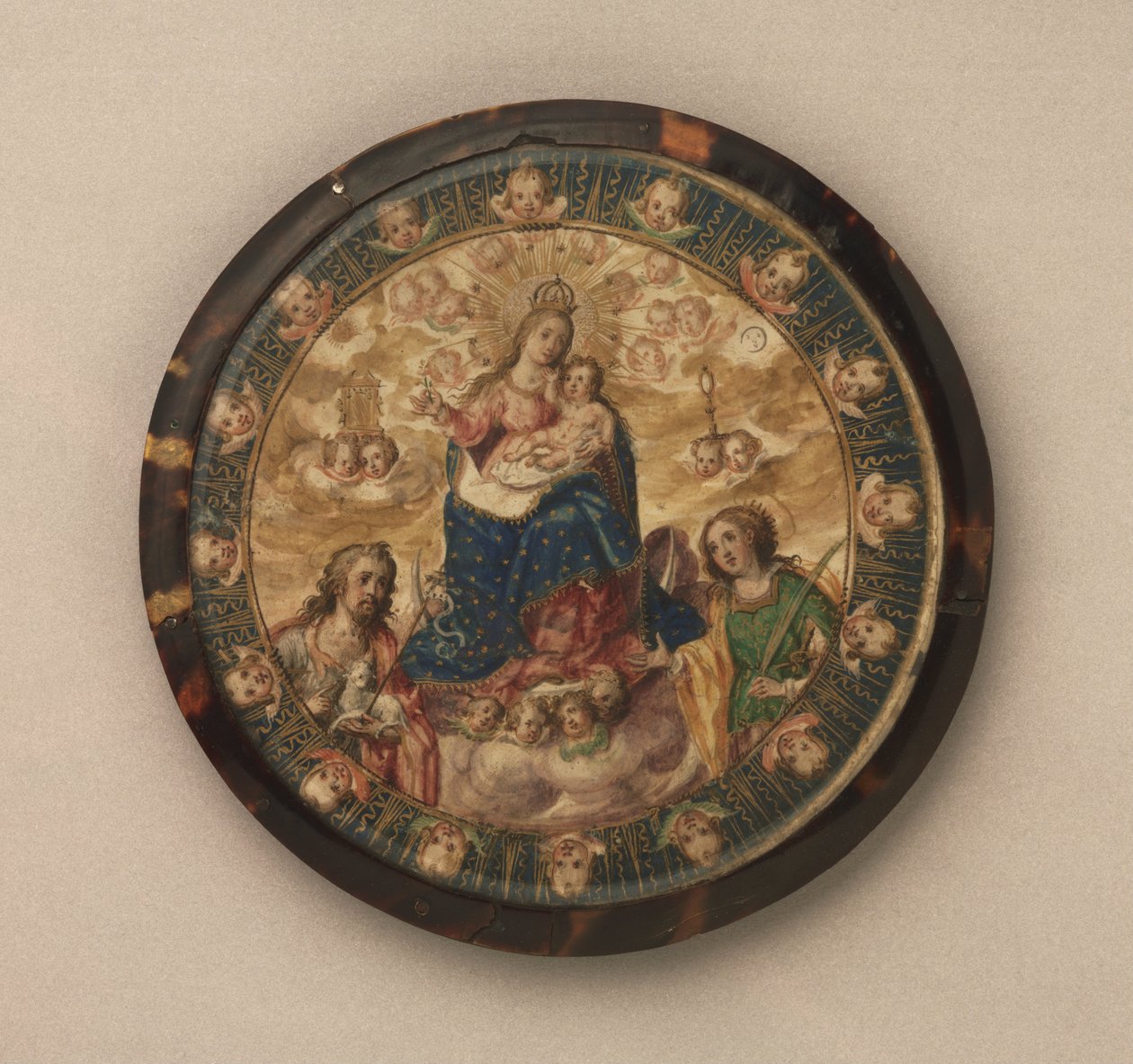 Nonner Shield som viser jomfruen og barnet med de hellige Johannes døperen og Katarina av Alexandria av Andrés Lagarto