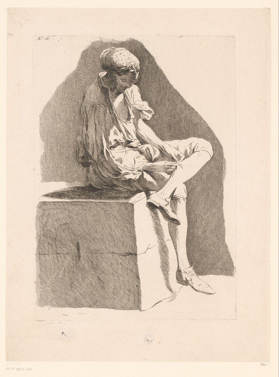 Karikatur av en gutt som syr strømpen sin Karikaturer etter J. Saly (serietittel) Recueil de caricatures dessinées Par J. Saly et Gravées par A.L. DeLalive D.J. (serietittel) av Ange Laurent de, marquis de Rémoville Lalive