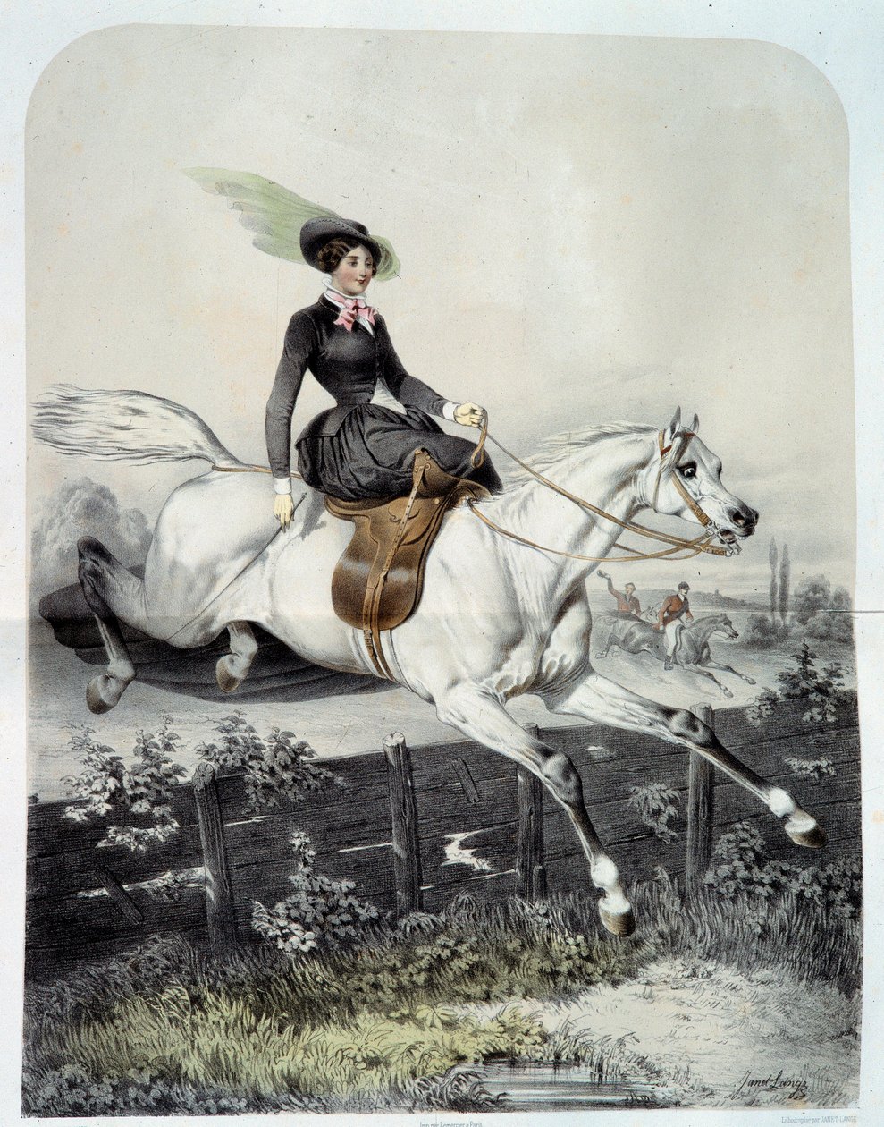 A Young Rider in the Amazon Jumping a Barriere Litografi av Ange Louis Jawe Lange (1815-1872) Privatsamling fra 1800-tallet av Ange Louis Janet