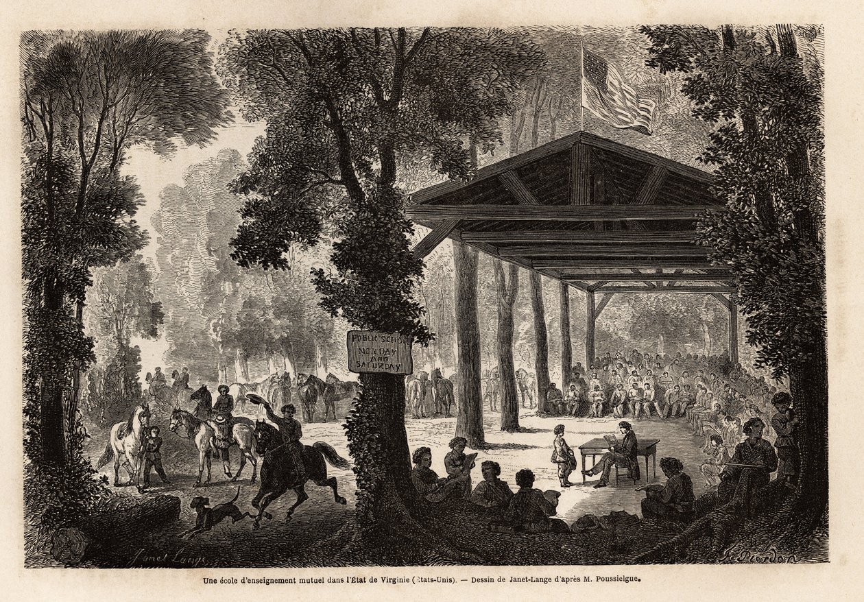 En skole for gjensidig utdanning, i et skogsområde i Virginia (USA), tegnet av Janet Lange, for å illustrere et besøk i hulen Mammoth, Kentucky, i 1859, av M. Pousselgue. Gravering i "" Le tour du monde"", redigert av Edouard Charton av Ange Louis Janet