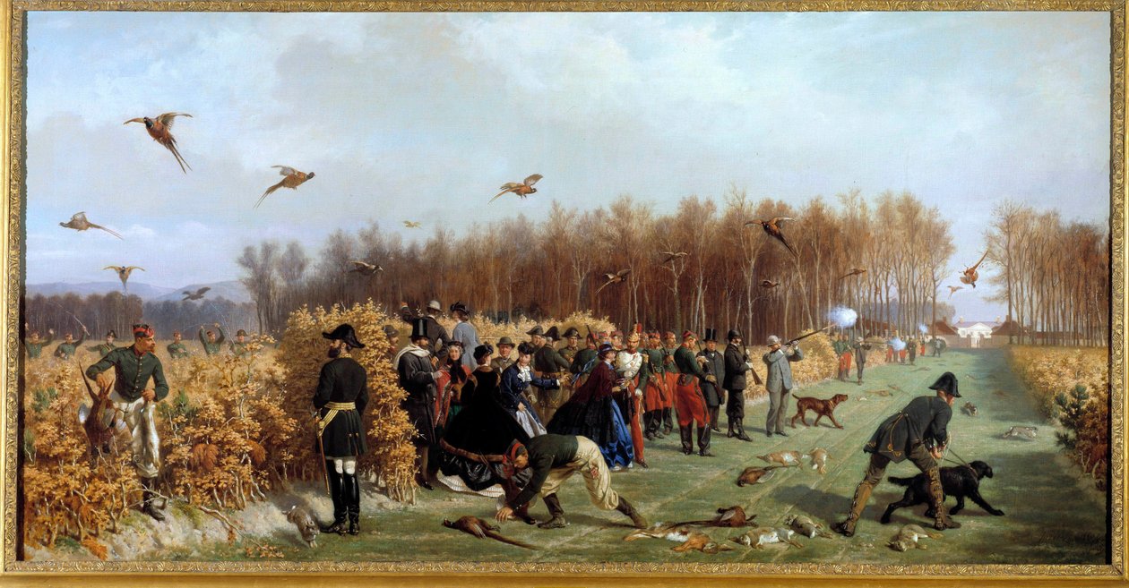 Jakt på en skyting på fasanderiet Maleri av Ange-Louis Janet Lange (1815-1872) 1800-tallet Søn. 1,1x1,9 m. Compiegne, slottsmuseum av Ange Louis Janet