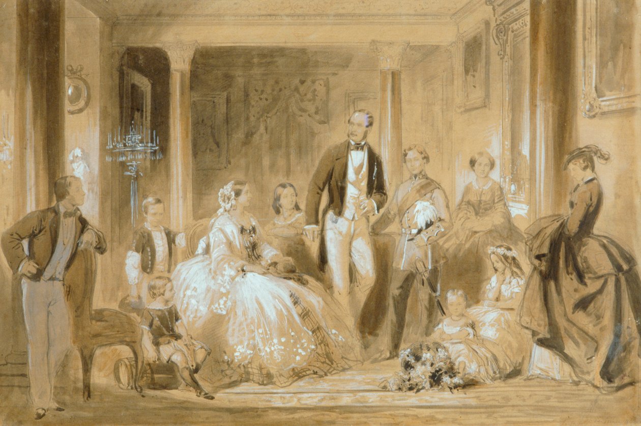 Kongelig familie i spisesalen på Osborne House (blyant med vask på papir) av Ange Louis (1815 72) Janet
