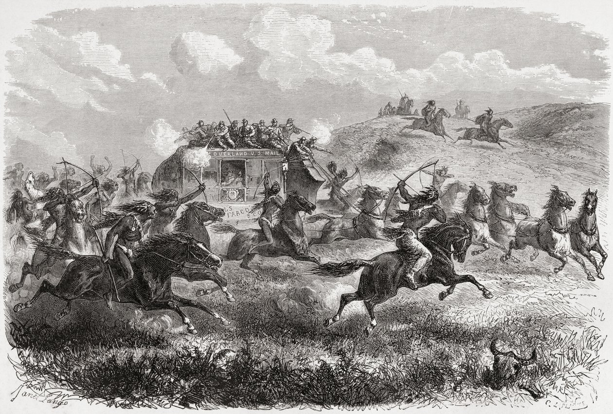 Indianere angrep en transkontinental diligens i 1867, illustrasjon fra 'The World in the Hands', gravert av Charles Laplante (d.1903), publisert 1878 av Ange Louis Janet