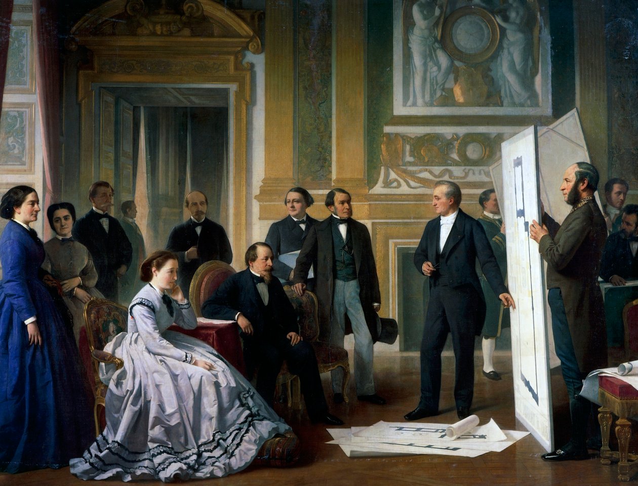 Arkitekten presenterer de nye planene for Louvre til Napoleon III og Eugenie av Ange Tissier