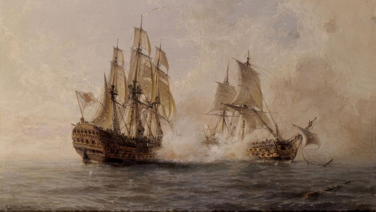 KAMP AV DET HERLIGE SKIPET MED DEN BRITISKA DARMOUTH I 1747 - XIX ÅRhundre av Angel Maria Cort