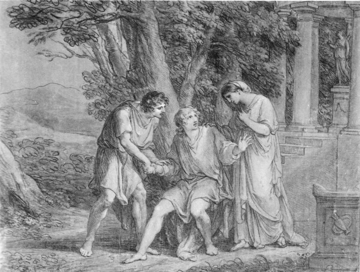 Akt tre, scene tre fra Goethes Iphigenia i Tauris. Tegning. Premiere på siste versjon av spillet i Weimar i 1802. Goethe, som spiller Orestes, sitter i midten av Angelica Kauffmann