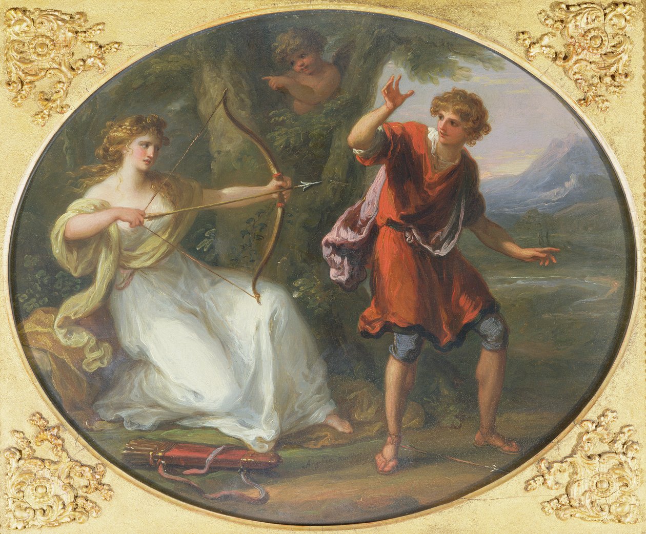 En nymfe tegner buen sin på en ungdom, 1780 (olje på kobber) av Angelica Kauffmann