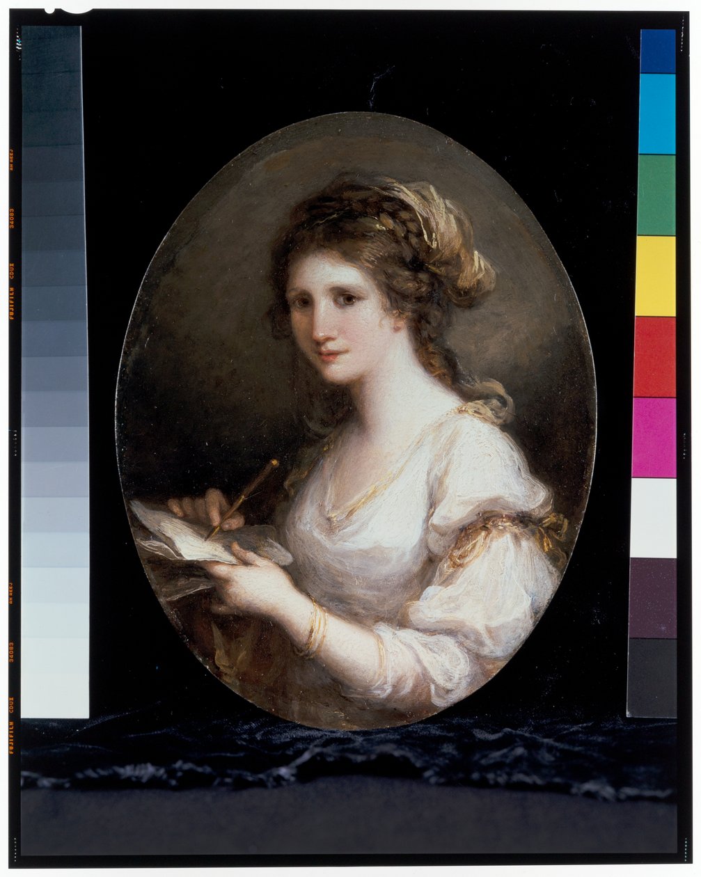 Antatt selvportrett i skikkelse av poesi, i en hvit kjole, med penn og papir av Angelica Kauffman