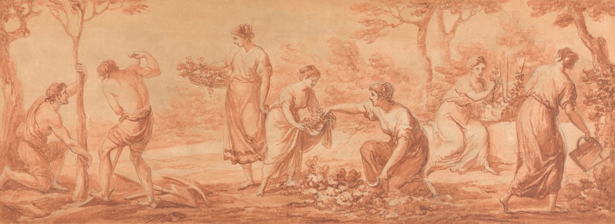 En frise: Menn planter trær, kvinner samler blomster og vanner blomster av Angelica Kauffmann