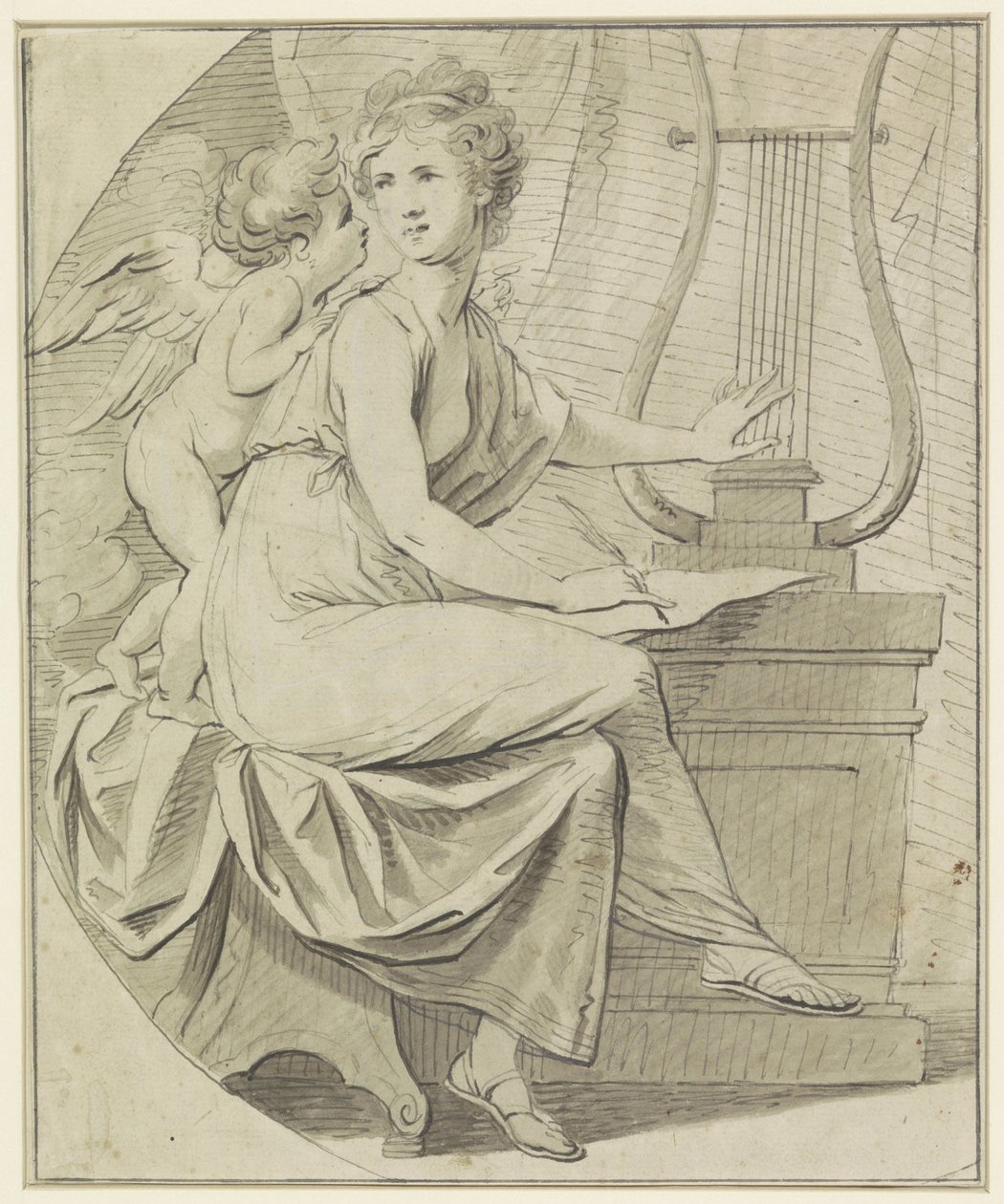 Amor inspirerer en ung kvinne som klatrer på en lyre med den ene hånden og skriver med den andre av Angelica Kauffmann