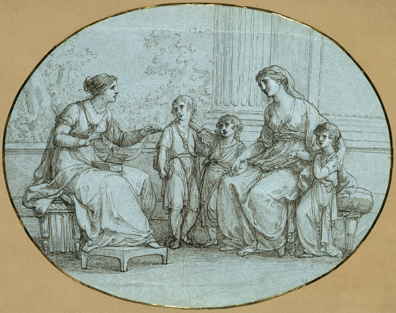 Cornelia, Grakkenes mor, sitter (til høyre) overfor en rik romersk kvinne, som hun viser sine tre barn som sin mest dyrebare eiendel av Angelica Kauffmann
