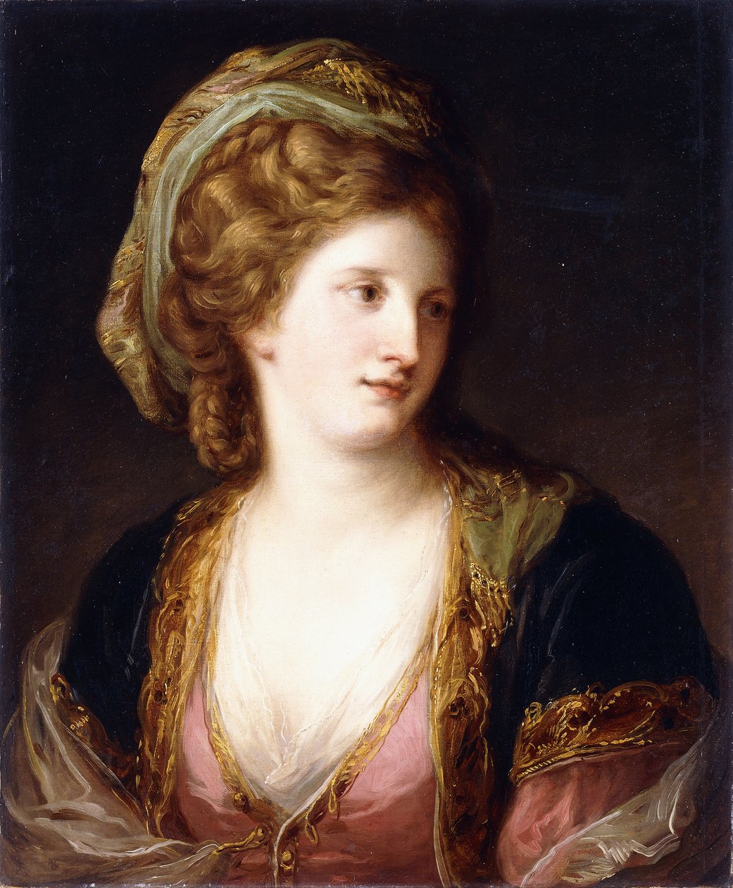 Portrett av kunstneren, bystelengde, iført en rosa kjole og en gullbrodert blå kappe, 1767 av Angelica Kauffmann