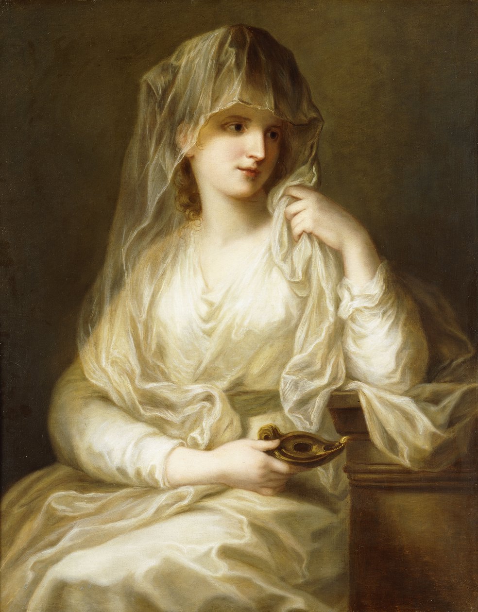Tuccia, den vestiale jomfruen, trekvart lang, holder en lampe, av Angelica Kauffmann