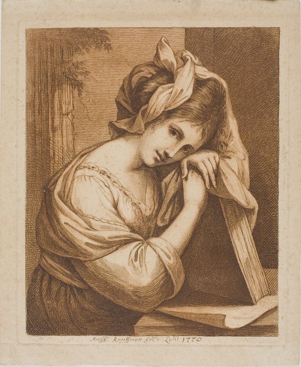 Kvinne hviler hodet på en bok av Angelica Kauffmann
