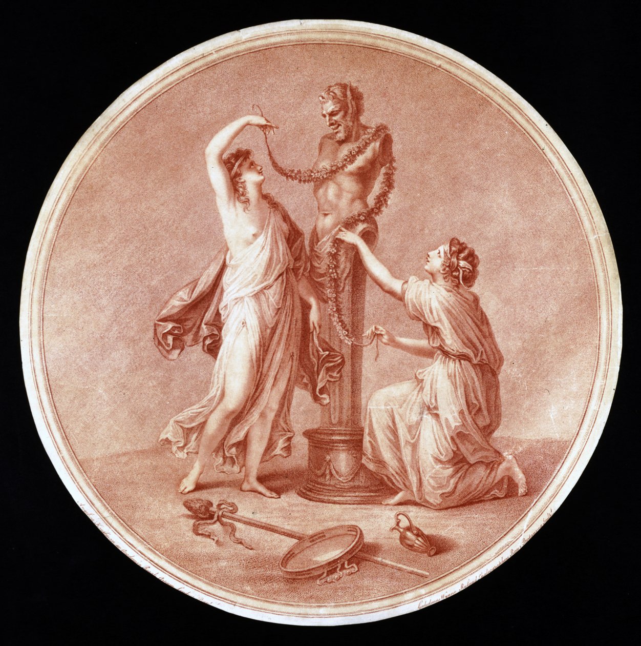 Nymfer som pryder en statue av Pan, gravert av William Wynne Ryland (1732-83) 1776 (rød stiplegravering) av Angelica after Kauffmann