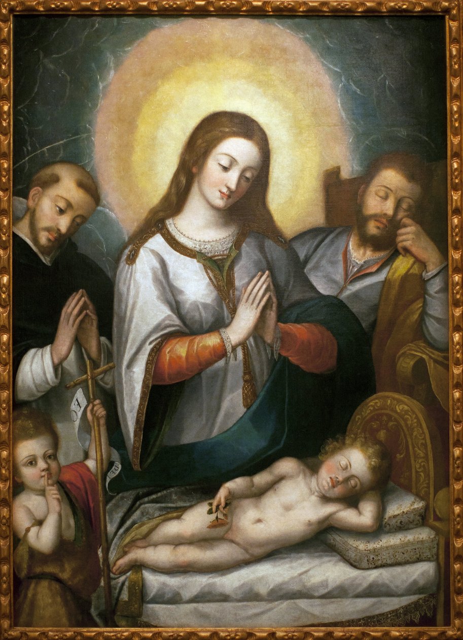 Den hellige familie med døperen Johannes og den hellige Dominikus. Maleri av Angelino Medoro (1576-1633), olje på lerret av Angelino Medoro