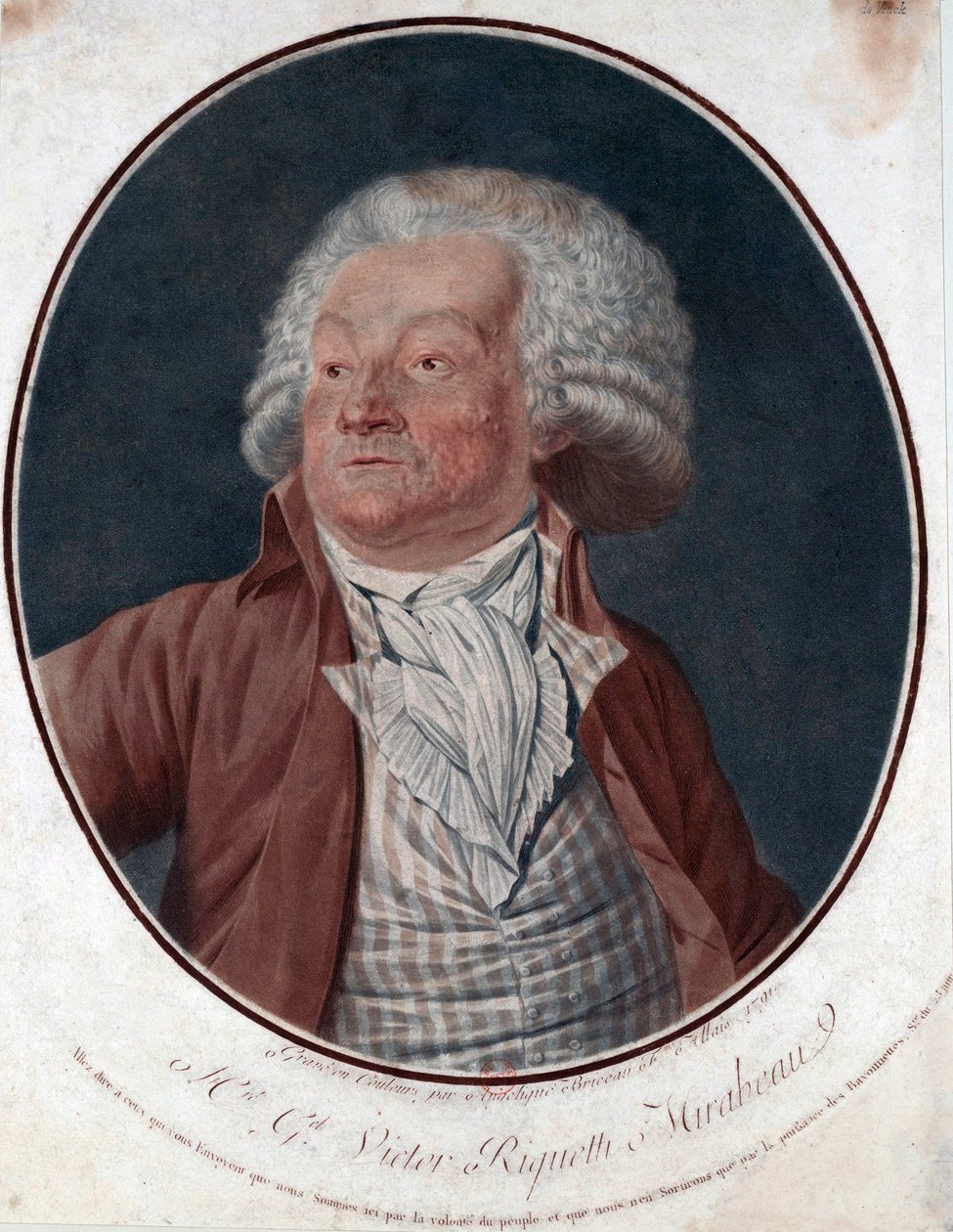 Portrett av forfatteren Gabriel de Riqueti, greve av Mirabeau (1749-1791) - Portrett av forfatteren G.V. Mirabeau (1749-1791) - Gravert av Angelique Allais (nee Briceau) (aktivt 1700-tall), etsning, akvarell 1791 (29,5x25 cm) - Privat samling av Angelique (fl.1796 d.1827) Allais