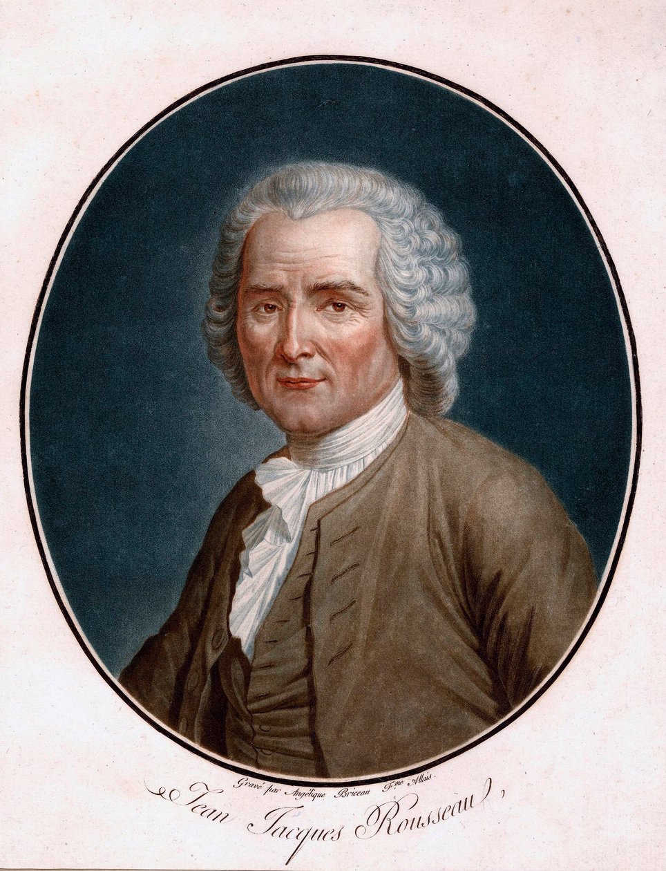 Portrett av Jean Jacques Rousseau (1712-1778) - Portrett av Jean-Jacques Rousseau - Gravert av Angelique Allais (nee Briceau) (aktivt 1700-tall), etsning, akvarell 1791 (24,5x21,5cm) - Bibliotheque de Geneve av Angelique (fl.1796 d.1827) Allais
