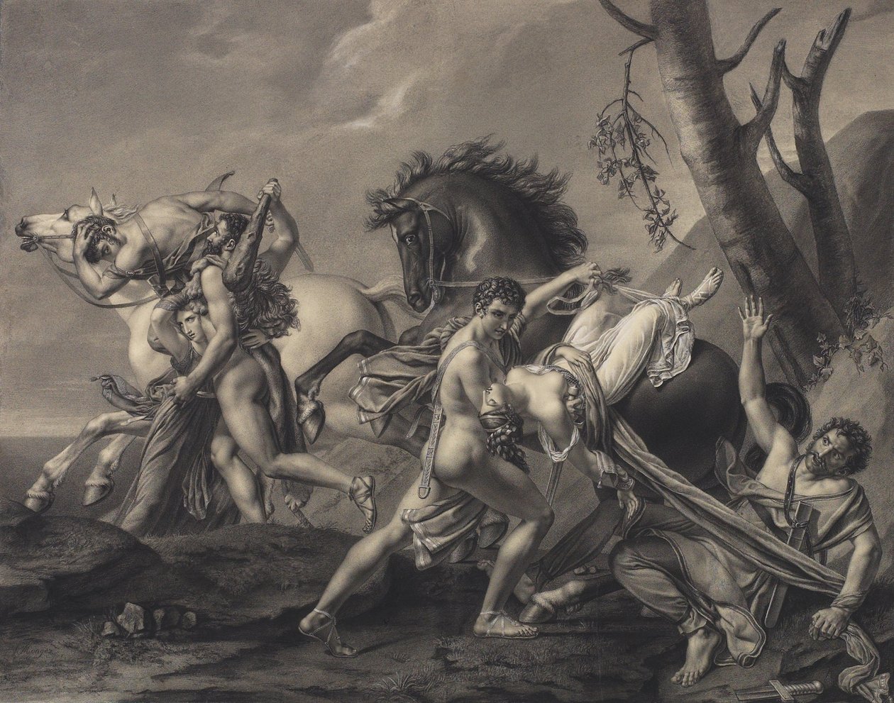 Theseus og Pirithoüs renser jorden for bråker, befrier to kvinner fra hendene til bortførerne deres av Angelique Mongez