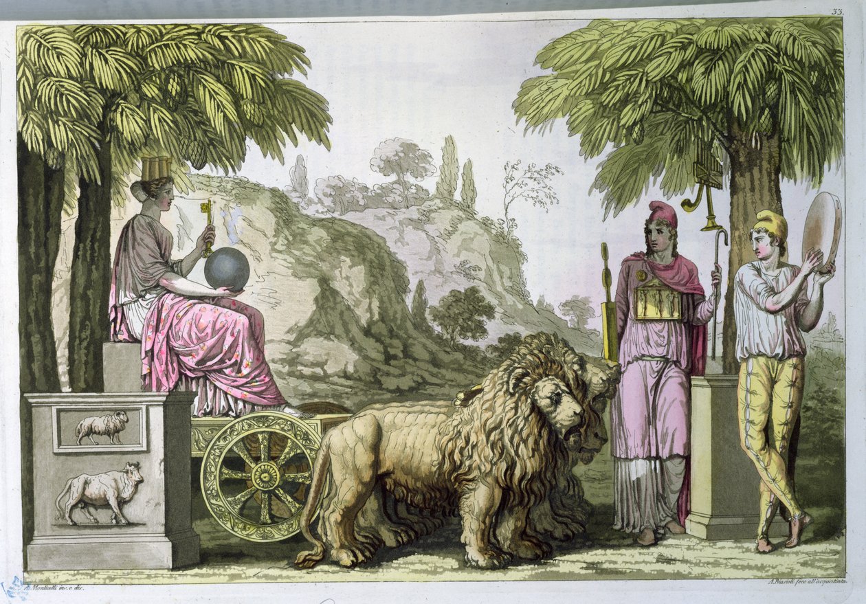 Cybele på vognen hennes og Attis, fra 'Le Costume Ancien ou Moderne' av Jules Ferrario, gravert av A. Biasioli, ca. 1820 (akvatint) av Angelo Monticelli