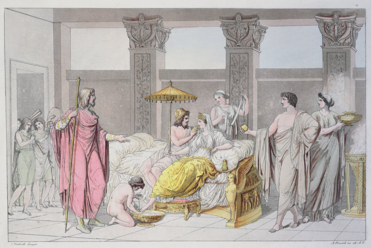 Bryllupet til Ulysses og Penelope, illustrasjon fra 'Le Costume Ancien ou Moderne' av Jules Ferrario, gravert av A. Biasoli, Milano 1821 (fargegravering) av Angelo Monticelli