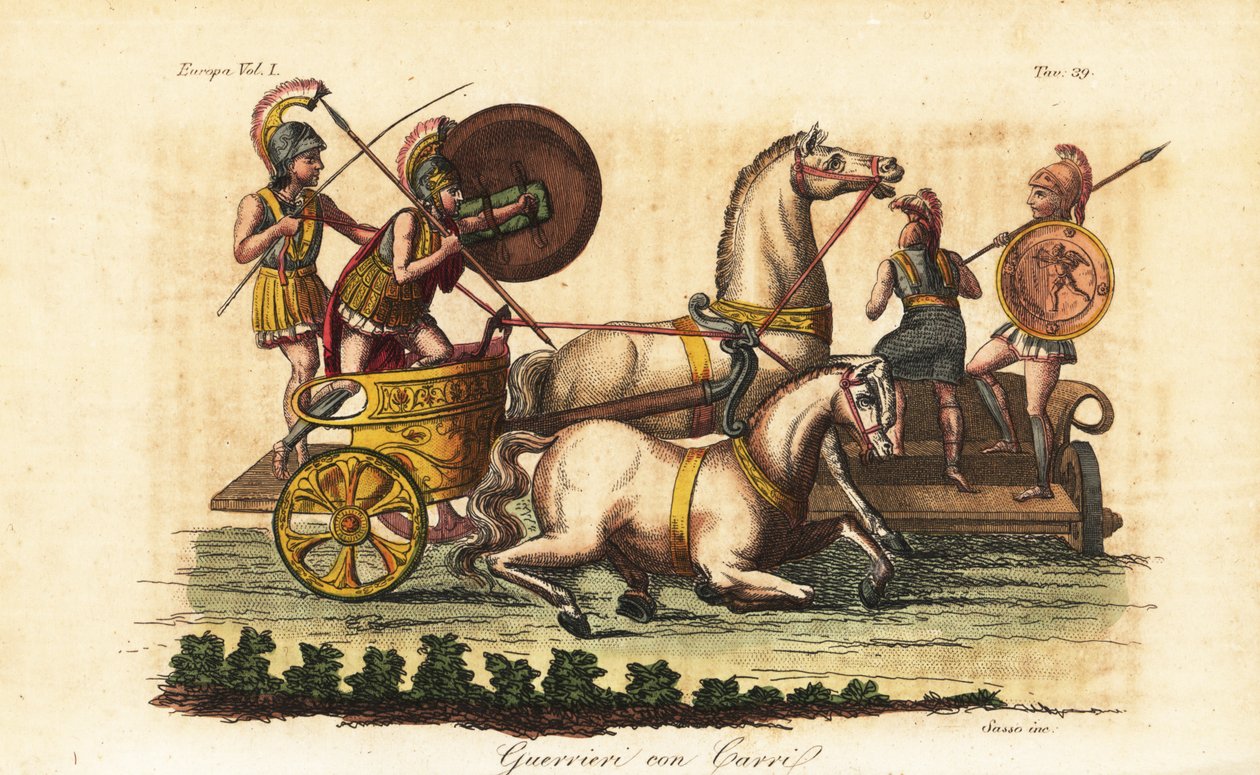 Gamle greske krigere med malte skjold som kjører på en biga eller to-hesters vogn av Angelo (after) Monticelli