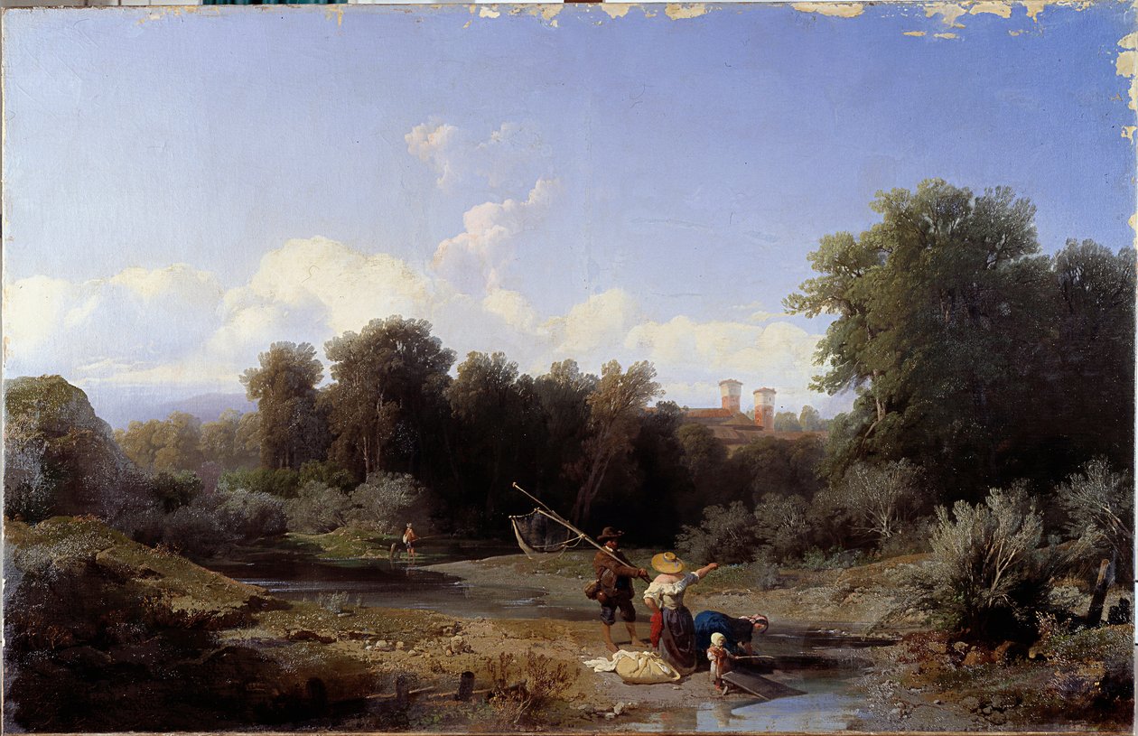 Landskap eller "" Fiske"" (Fiske i en elv) Maleri av Angelo Beccaria (1820-1897) 1855 Dim 94x146 cm Genes, Galleria d