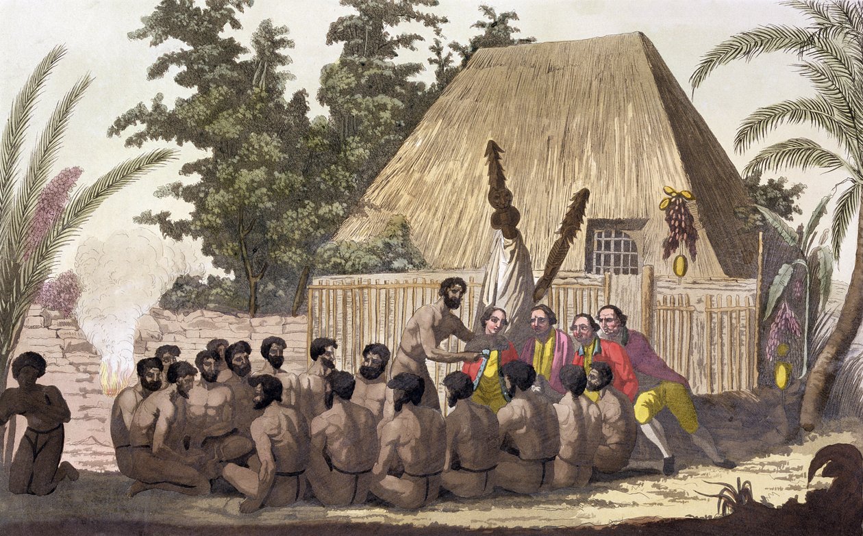 'Kaptein Cook observerer et tilbud, Sandwichøyene', 1778-1779 1800-tallet av Angelo Biasioli