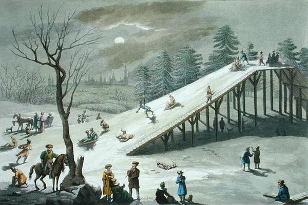 Snøras i en russisk offentlig park, tidlig på 1800-tallet (farget gravering) av Angelo Biasioli