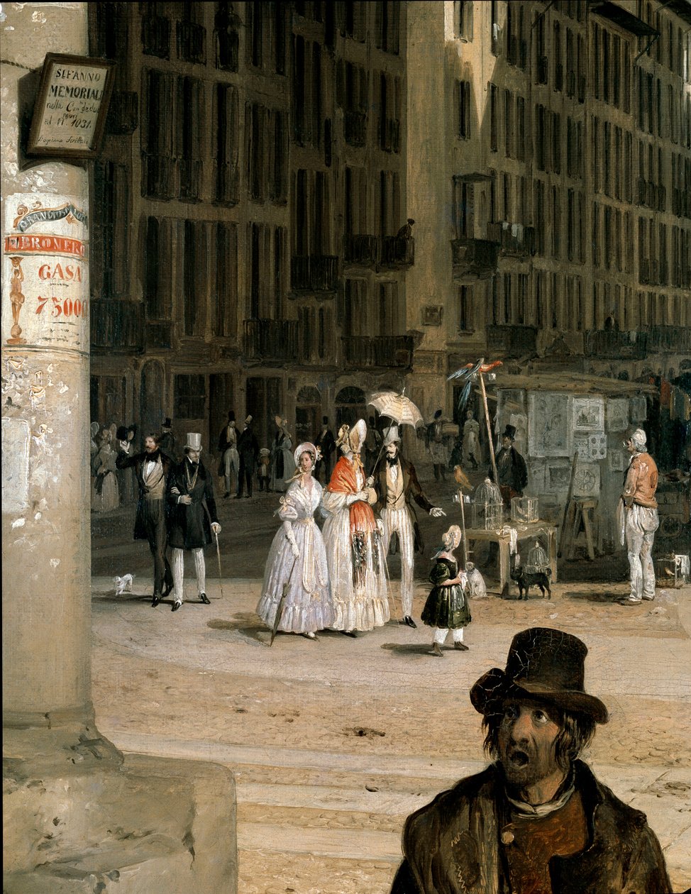 Marche de Figini a Milan (Piazza del Duomo med et hjørne av Coperto dei Figini) Detalj - Maleri av Angelo Inganni (1807-1880) av Angelo Inganni