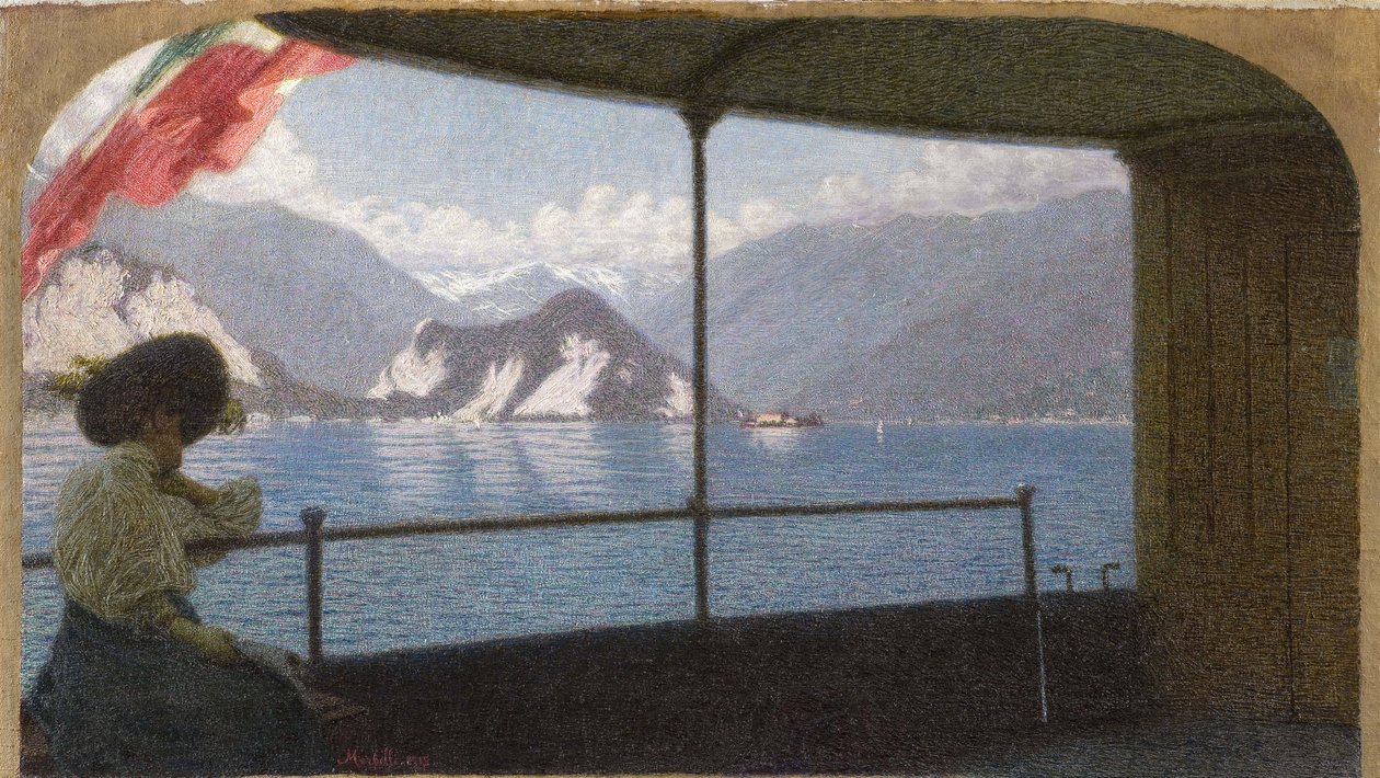 En båt på Lago Maggiore - Angelo Morbelli (1853-1919). Olje på lerret av Angelo Morbelli