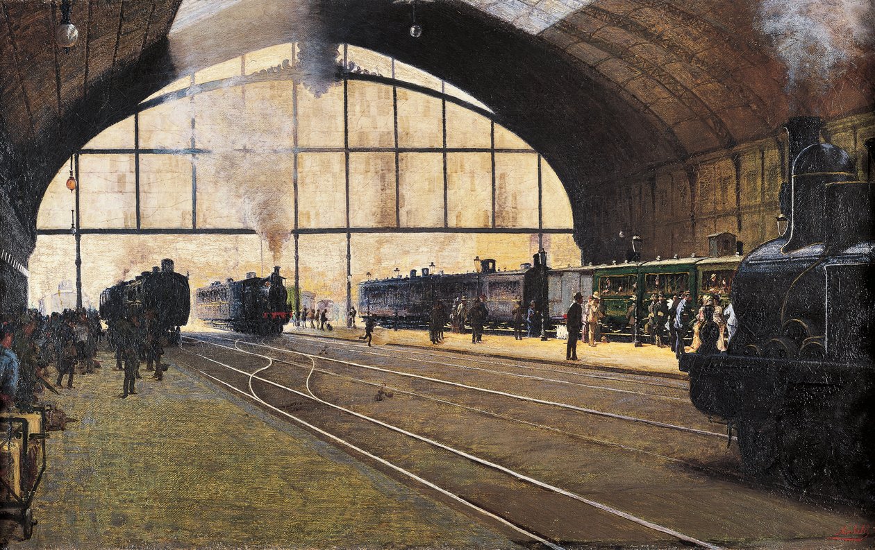 Central Station, Milano av Angelo Morbelli (1853-1919) Olje på lerret av Angelo Morbelli