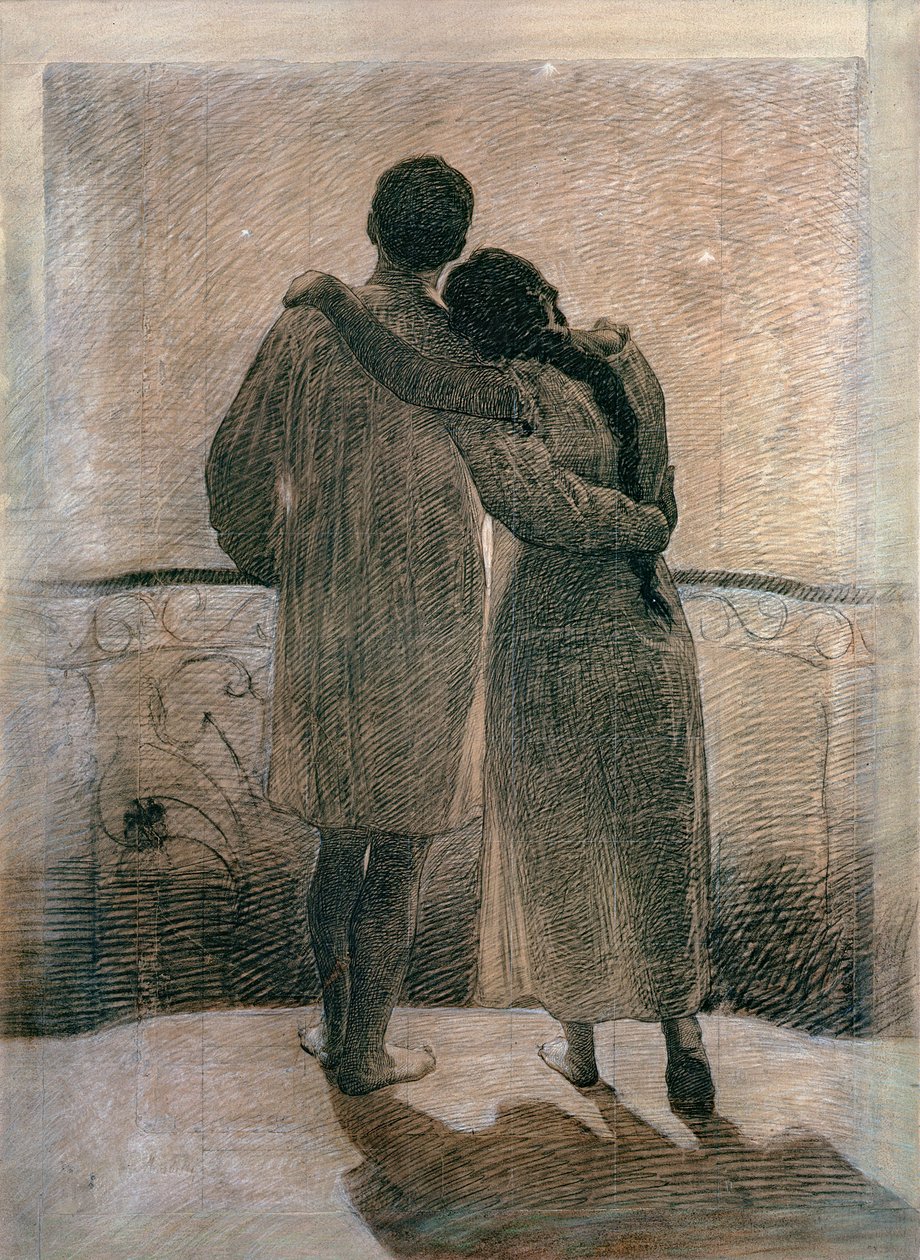 Ungt par, sentralpanel fra Dream and Reality Triptych, 1905 (blyant og kull på papir) av Angelo Morbelli