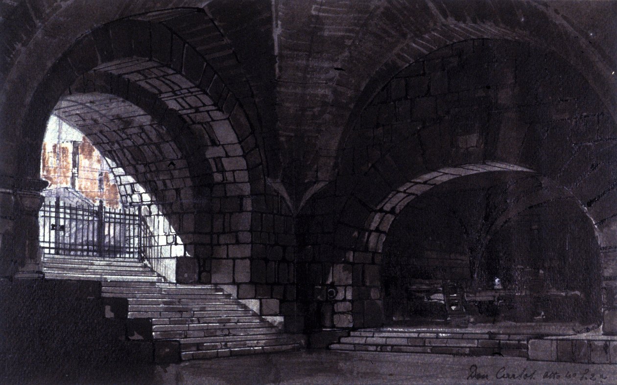 Scenografi av Angelo Parravicini for scene 2 i akt IV av operaen "Don Carlos"" av den italienske komponisten Giuseppe Verdi (1813-1901) for forestillingen på teatro alla Scala (Theatre de la Scala) i Milano 26.10.1912 . av Angelo Parravicini